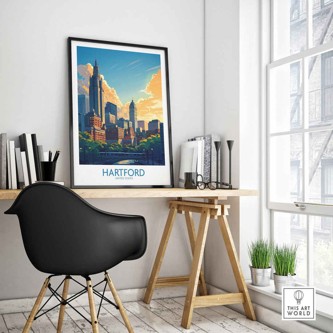 Hartford travel poster on desk, featuring iconic landmarks and vibrant colors, in a stylish home office setting.