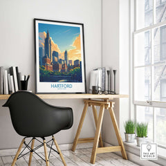 Hartford Travel Poster displayed in a stylish home office setting with a black chair and modern decor.