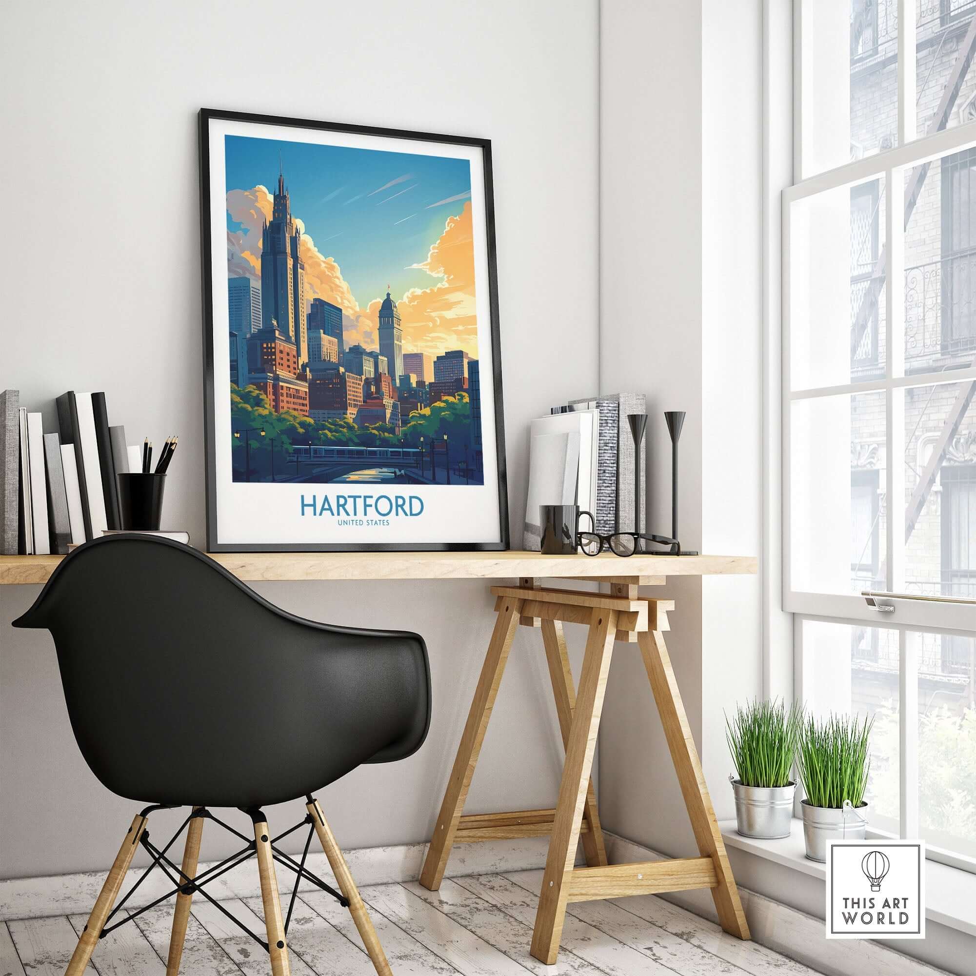 Hartford Travel Poster displayed in a stylish home office setting with a black chair and modern decor.