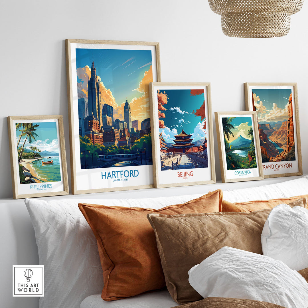 Elegant display of travel posters featuring Hartford, Beijing, Philippines, Costa Rica, and Grand Canyon as wall art.