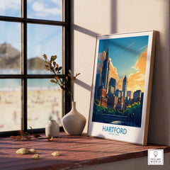 Hartford Travel Poster displayed on a wooden shelf near a window, showcasing Hartford's iconic skyline and vibrant colors.