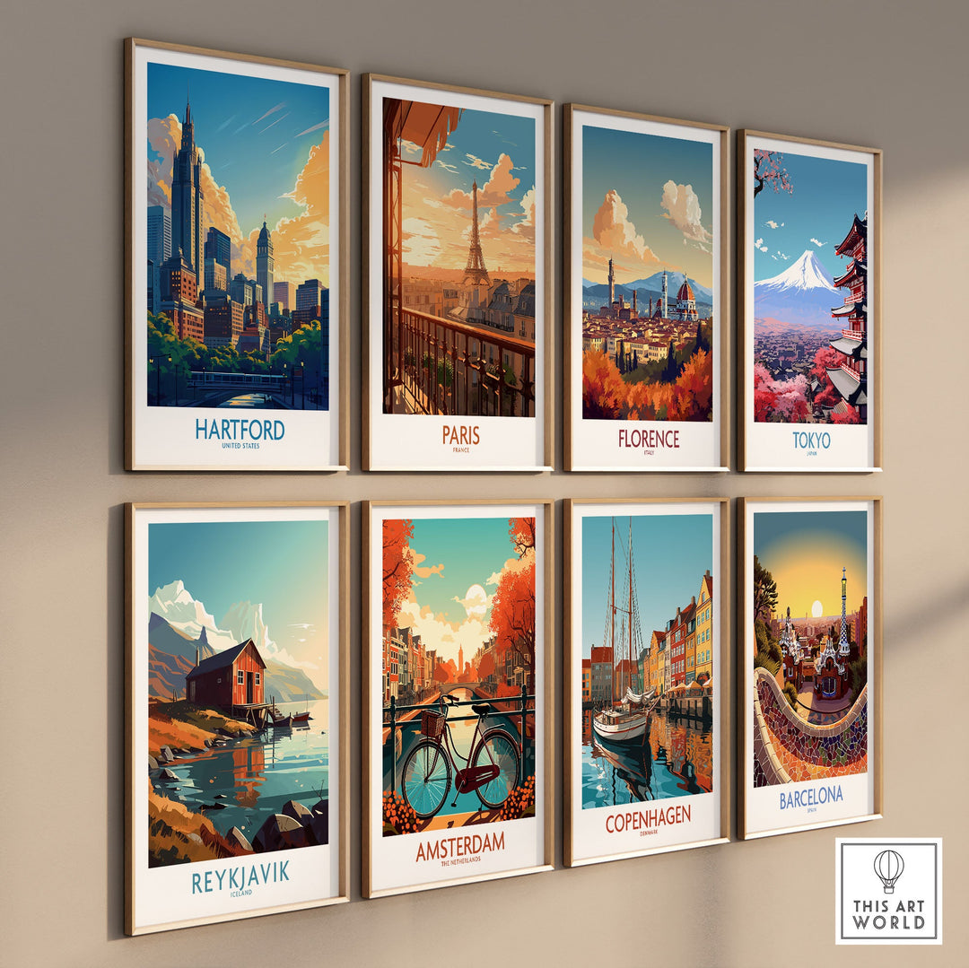 Wall display of travel posters featuring Hartford, Paris, Florence, Tokyo, Reykjavik, Amsterdam, Copenhagen, and Barcelona.