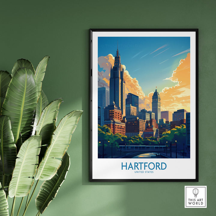 Hartford travel poster with iconic skyline and vibrant colors, perfect for travel lovers. Wall art print displayed on a green wall.