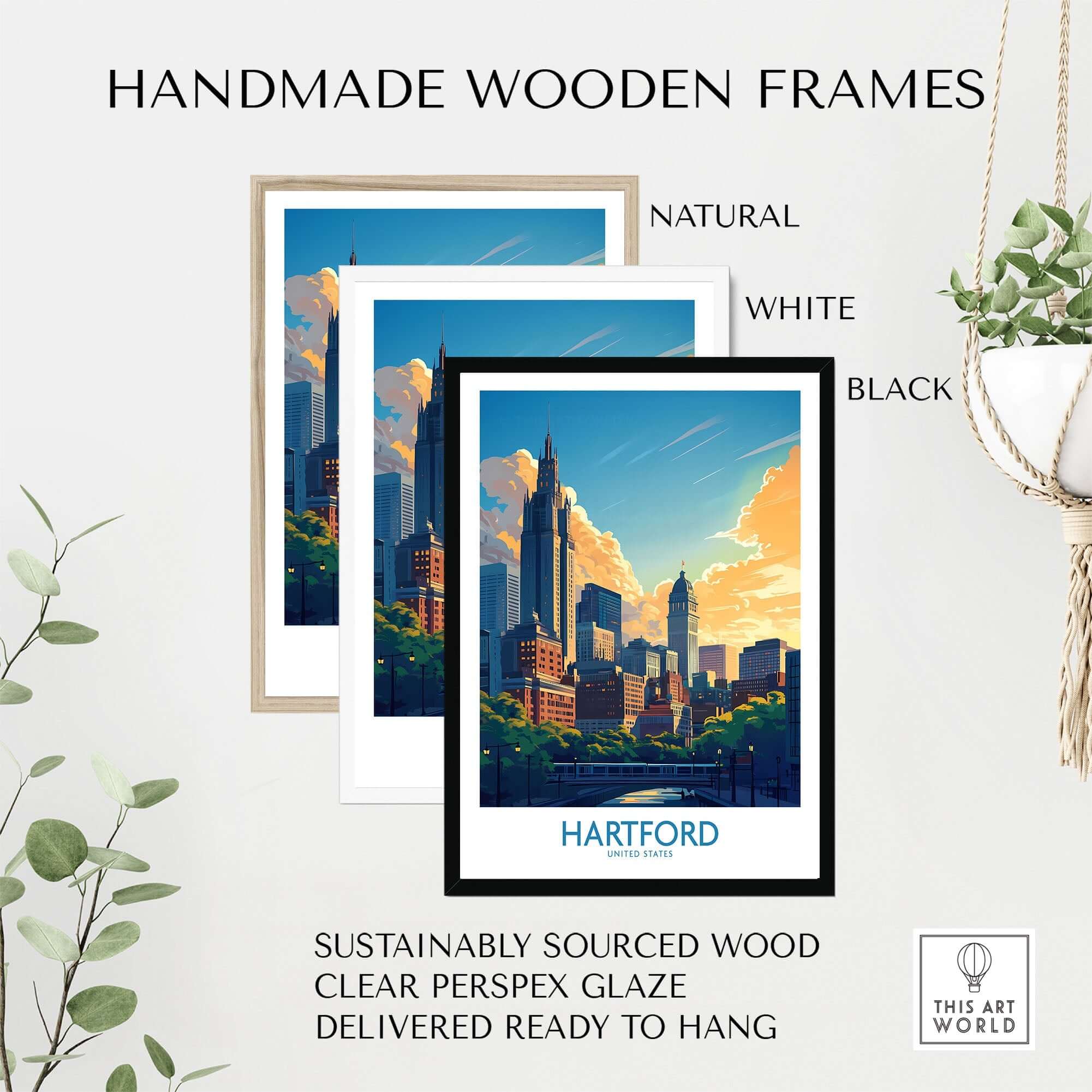 Hartford Travel Poster displayed in three handmade wooden frames: natural, white, and black, featuring vibrant city skyline.