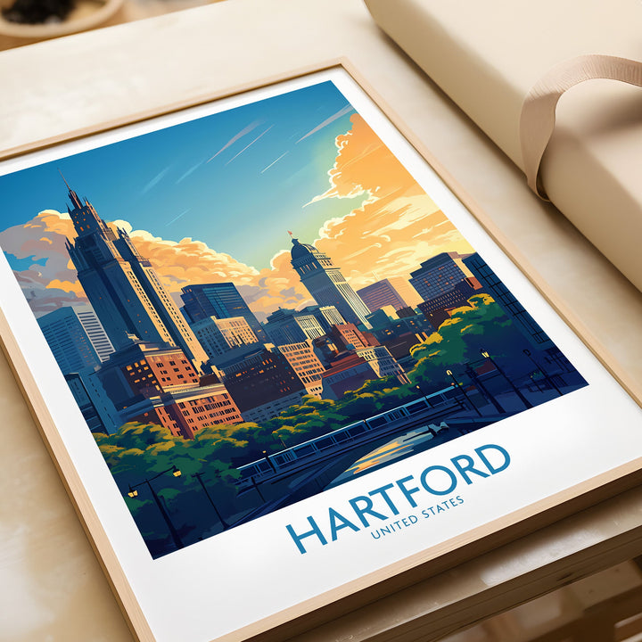 Hartford travel poster featuring vibrant cityscape with iconic landmarks, perfect wall art for travel lovers and home decor.