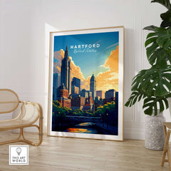 Hartford Travel Print showcasing a vibrant skyline with clouds, perfect for travel enthusiasts and art lovers.