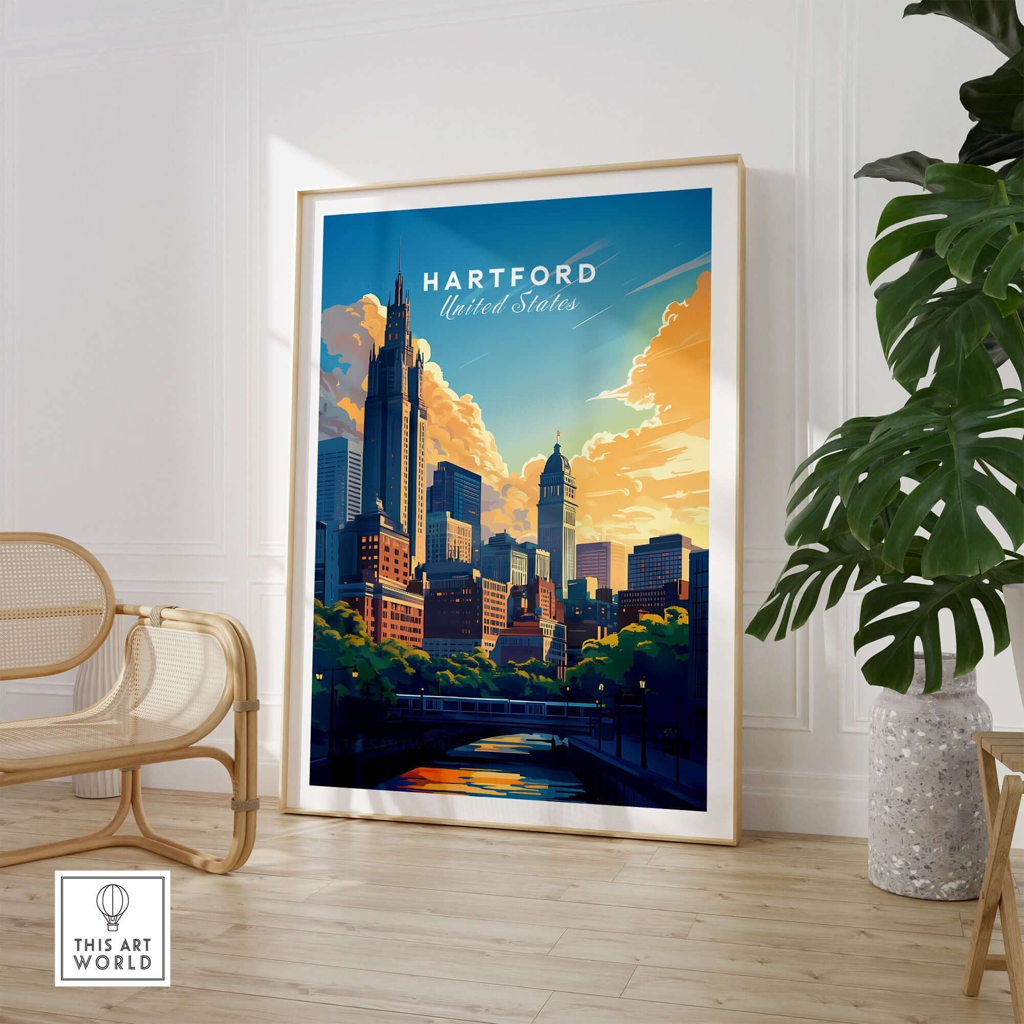 Hartford Travel Print showcasing a vibrant skyline with clouds, perfect for travel enthusiasts and art lovers.