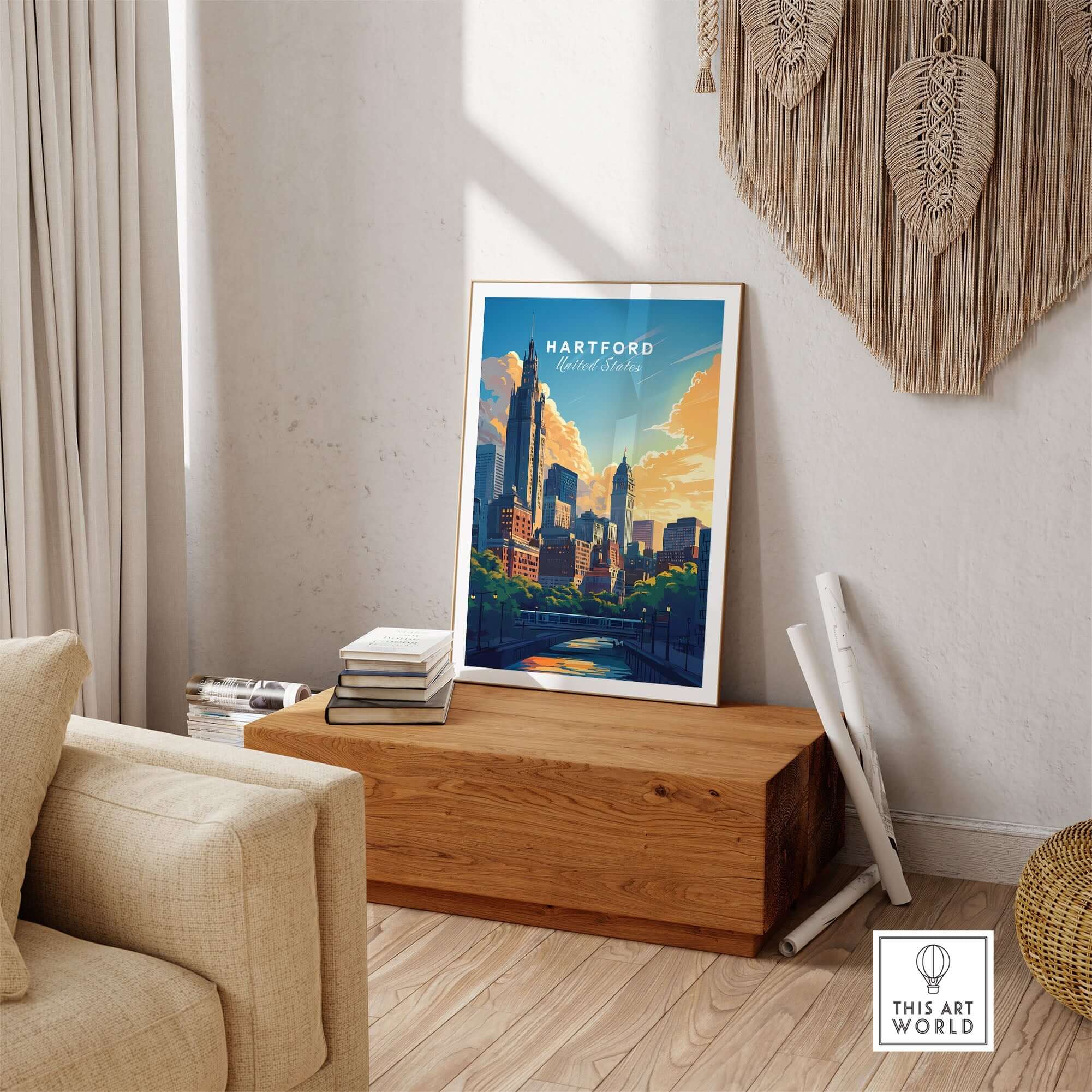 Hartford Travel Print showcased in a stylish living room, capturing the essence of adventure and wanderlust.