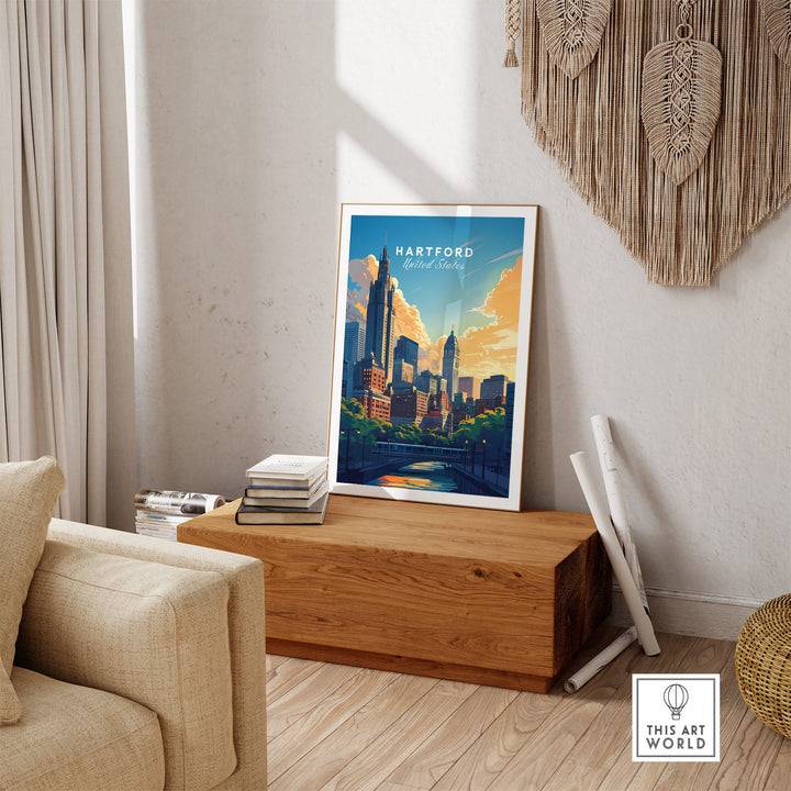 Hartford skyline travel print displayed on wooden bench, perfect for wanderlust souls and inspiring future adventures.