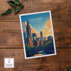 Hartford Travel Print featuring a vibrant skyline and sunset design, perfect wall art for travel enthusiasts.