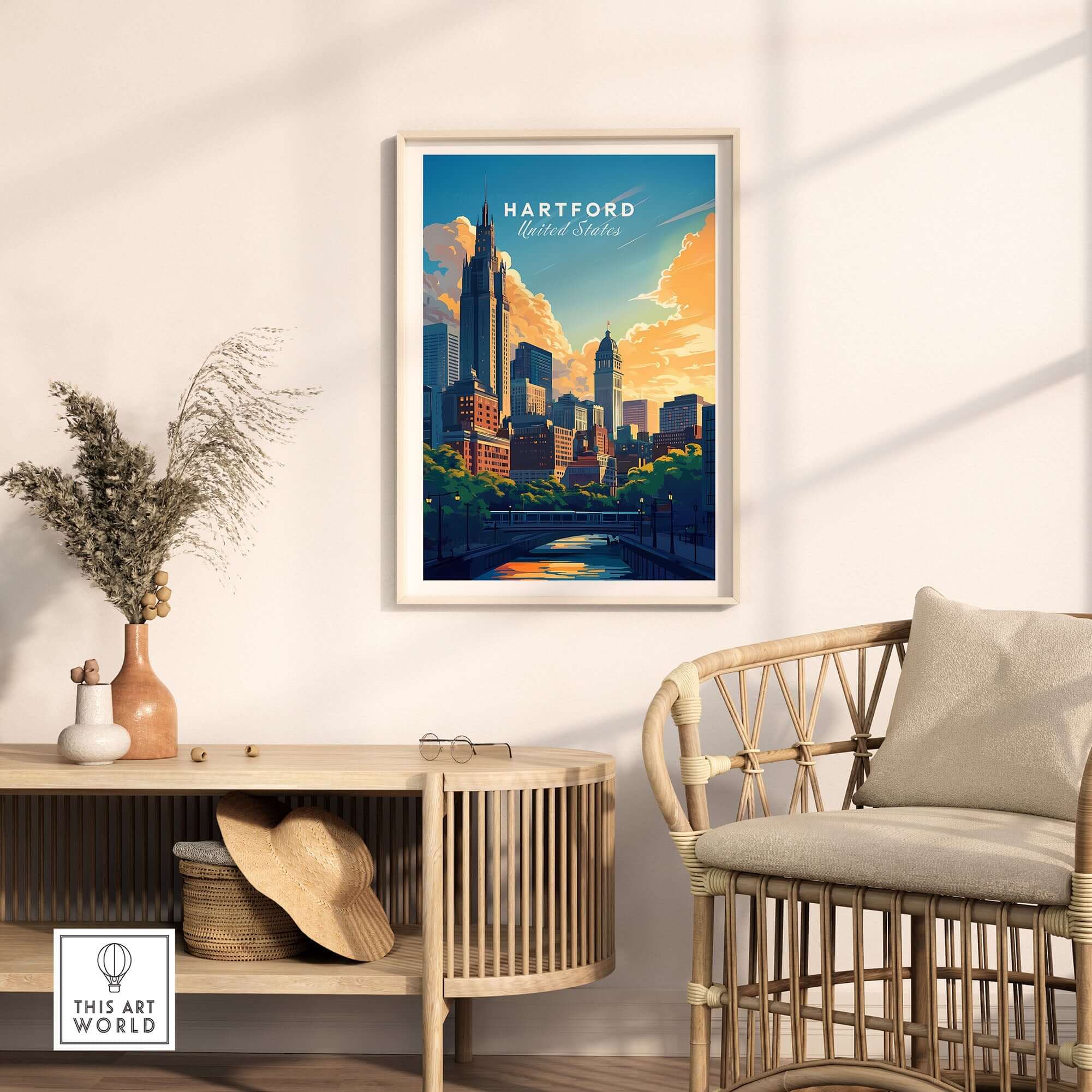 Hartford Travel Print featuring a skyline design, ideal for wanderlust decor and travel inspiration.