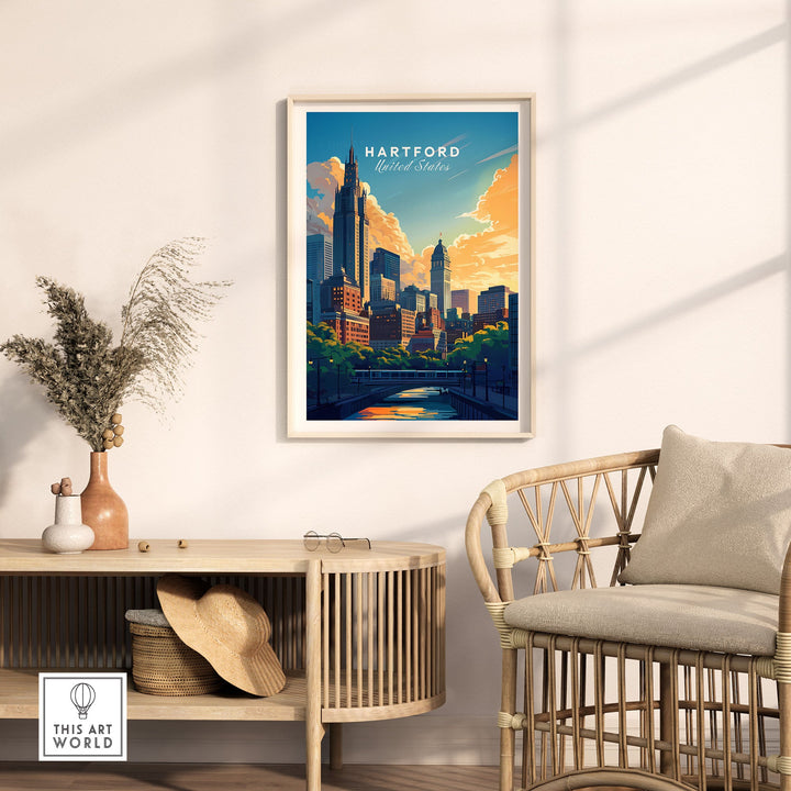 Hartford Travel Print featuring a colorful skyline, perfect wall art for wanderlust souls and travel inspiration.