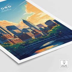 Hartford Travel Print showcasing a vibrant skyline at sunset, perfect for wanderlust enthusiasts.