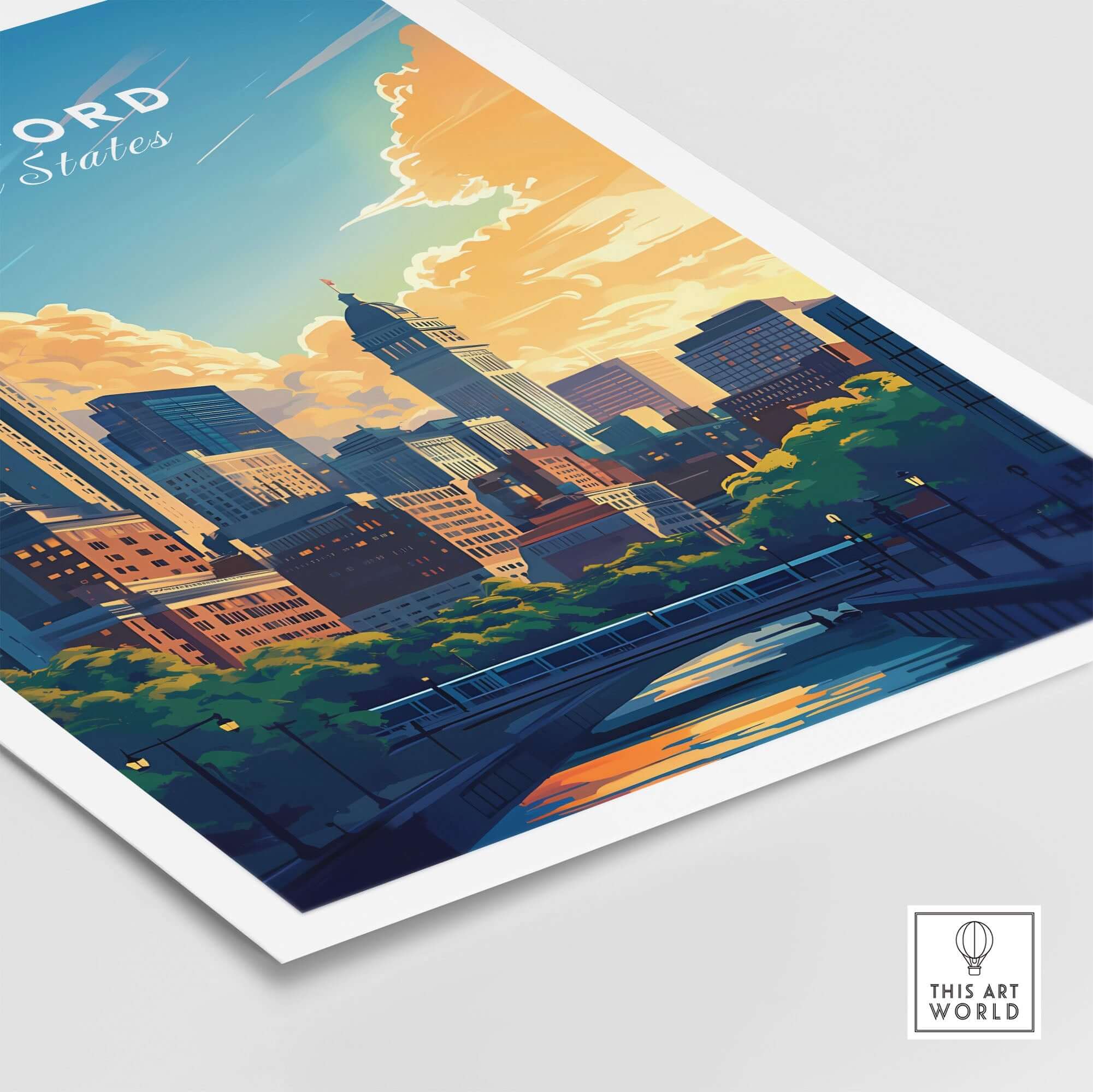 Hartford Travel Print showcasing a vibrant skyline at sunset, perfect for wanderlust enthusiasts.