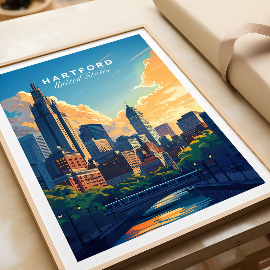 Hartford skyline travel print with vibrant colors, showcasing the cityscape as wall art for globetrotters and adventure seekers.