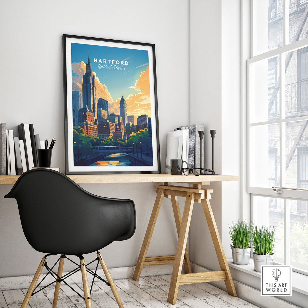 Hartford travel print displayed on a modern desk, showcasing a vibrant skyline, perfect for travel enthusiasts and art lovers.