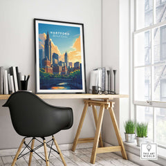 Hartford Travel Print displayed in a modern workspace, inspiring travel and adventure.