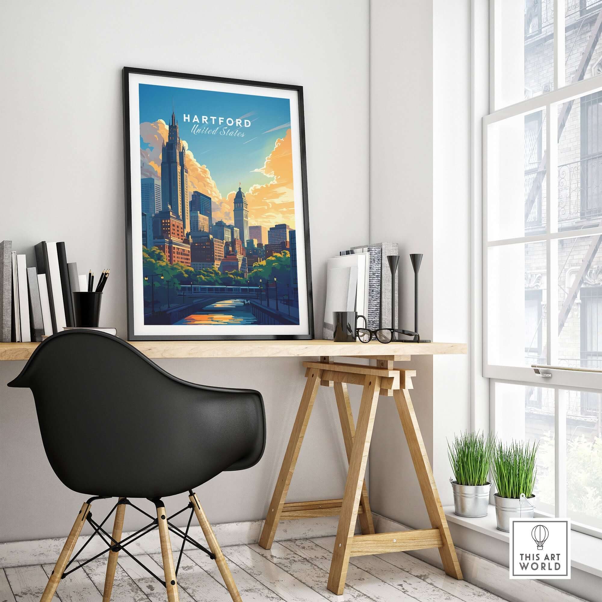Hartford Travel Print displayed in a modern workspace, inspiring travel and adventure.