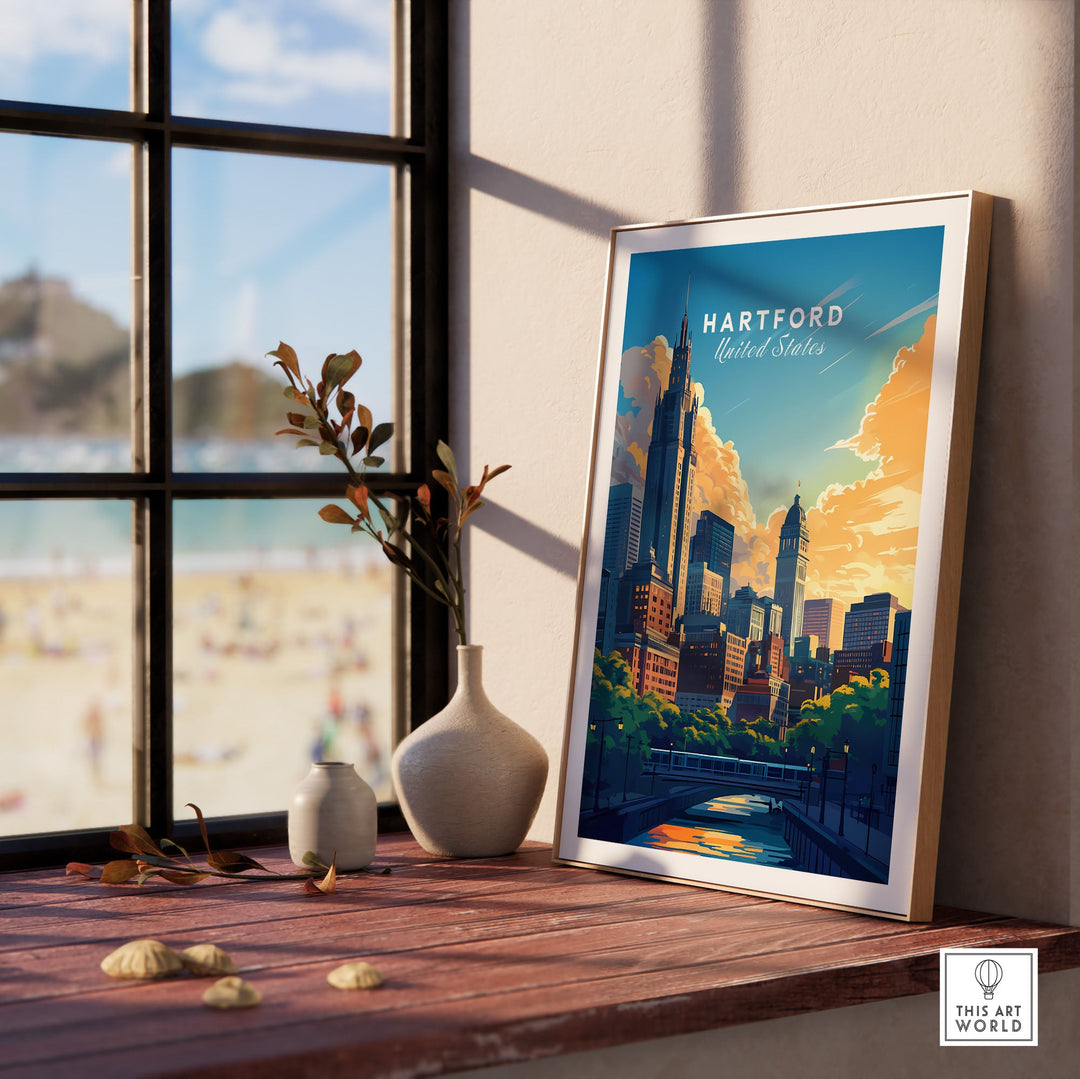 Hartford Travel Print showcasing city skyline in vibrant colors, perfect wall art for travelers and adventure enthusiasts.