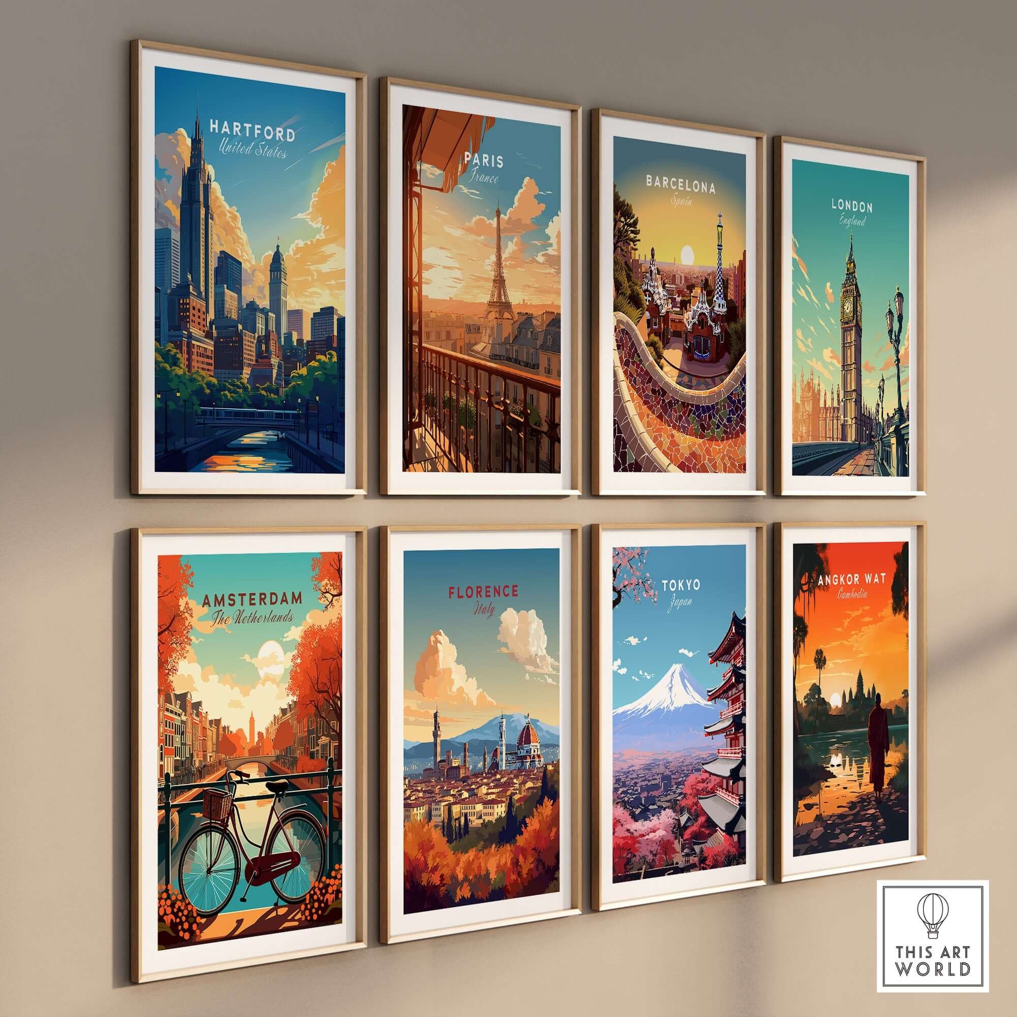Colorful travel prints including Hartford, showcasing iconic cityscapes and landmarks in vibrant artwork.