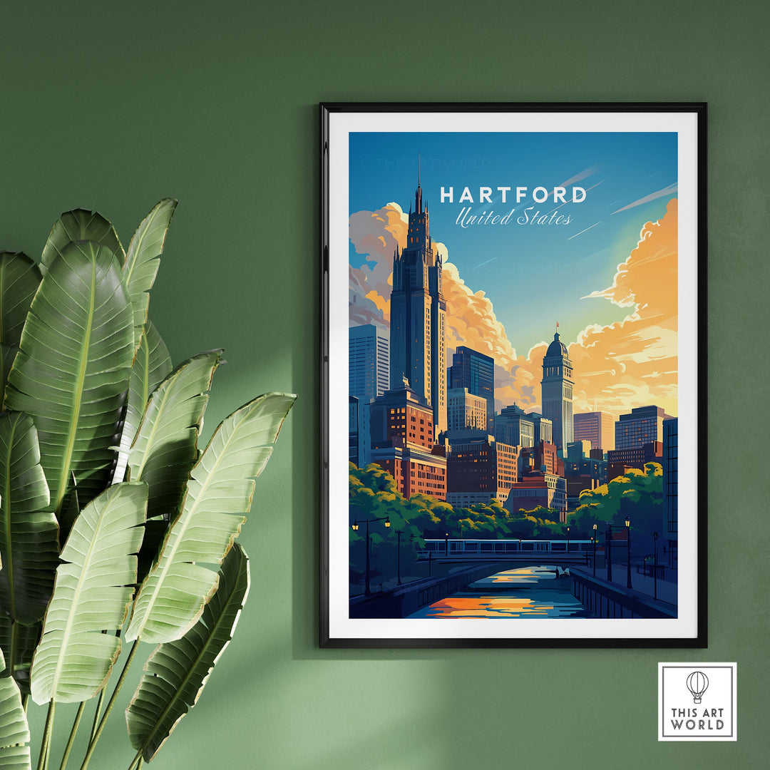 Hartford skyline travel print, showcasing cityscape art on a green wall with plants, perfect for wanderlust-driven home decor.