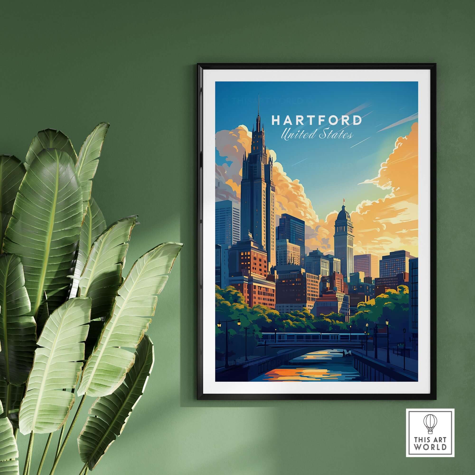 Hartford Travel Print showcasing the skyline of Hartford, United States, vibrant wall art for travel enthusiasts.