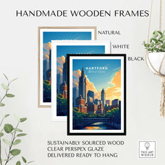 Hartford Travel Print displayed in handmade wooden frames, available in natural, white, and black finishes.