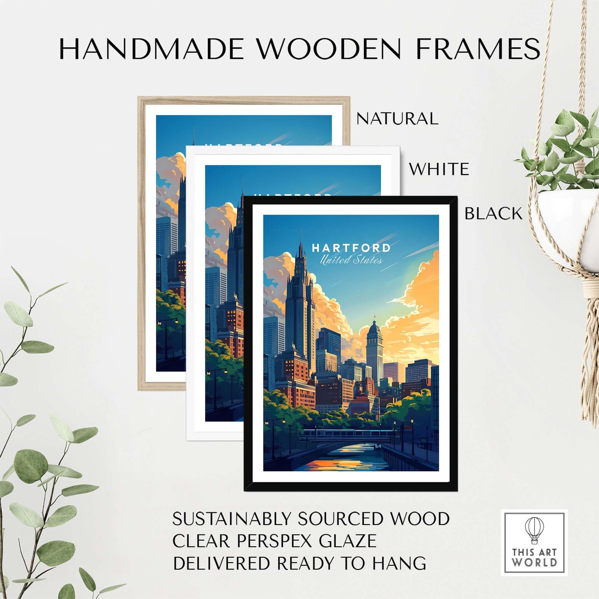 Hartford Travel Print displayed in handmade wooden frames, available in natural, white, and black finishes.