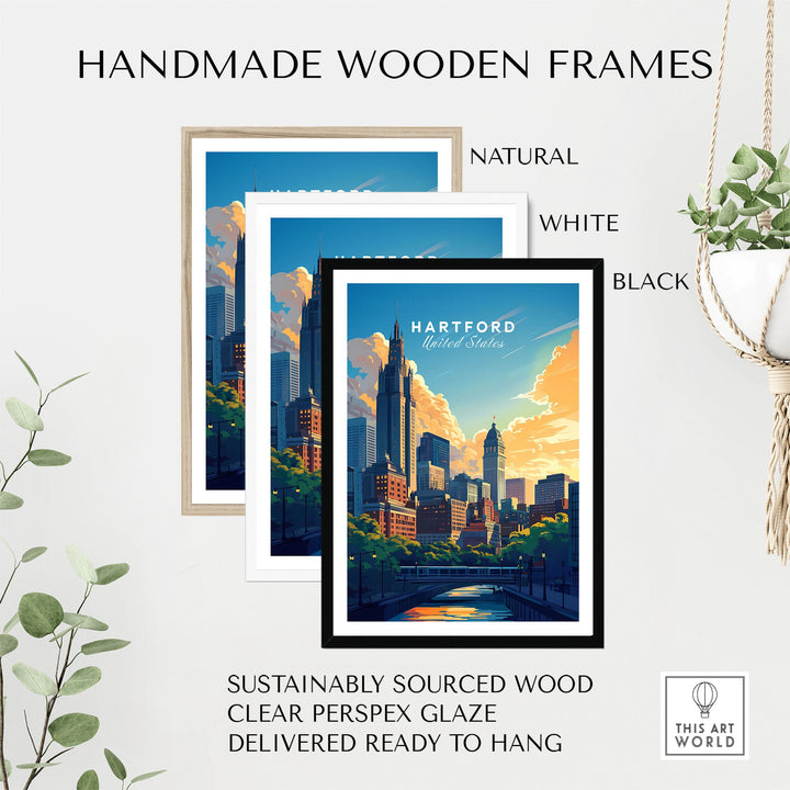 Hartford Travel Print in handmade wooden frames, black, white, natural; skyline art; sustainable wood; ready to hang.