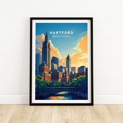 Hartford Travel Print showcasing the skyline of Hartford, United States, perfect for travel enthusiasts and art lovers.
