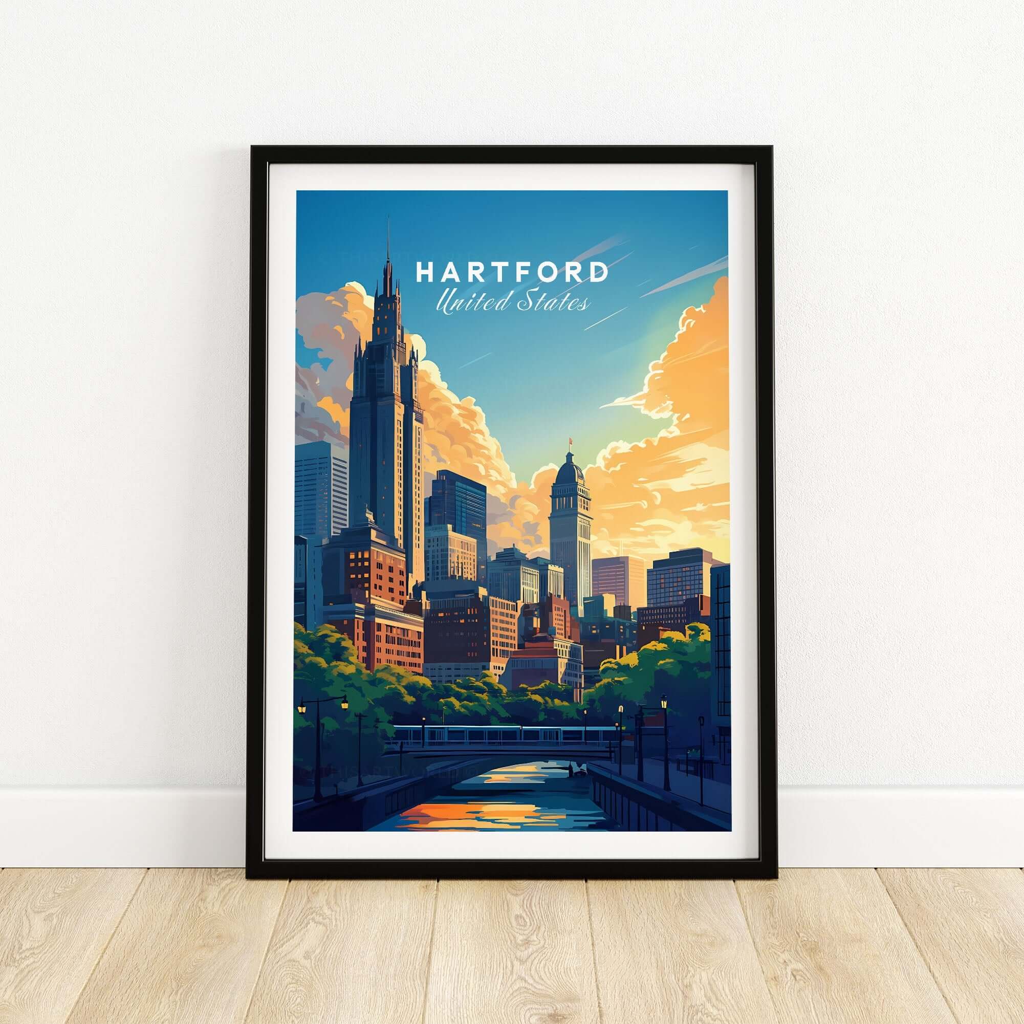 Hartford Travel Print showcasing the skyline of Hartford, United States, perfect for travel enthusiasts and art lovers.