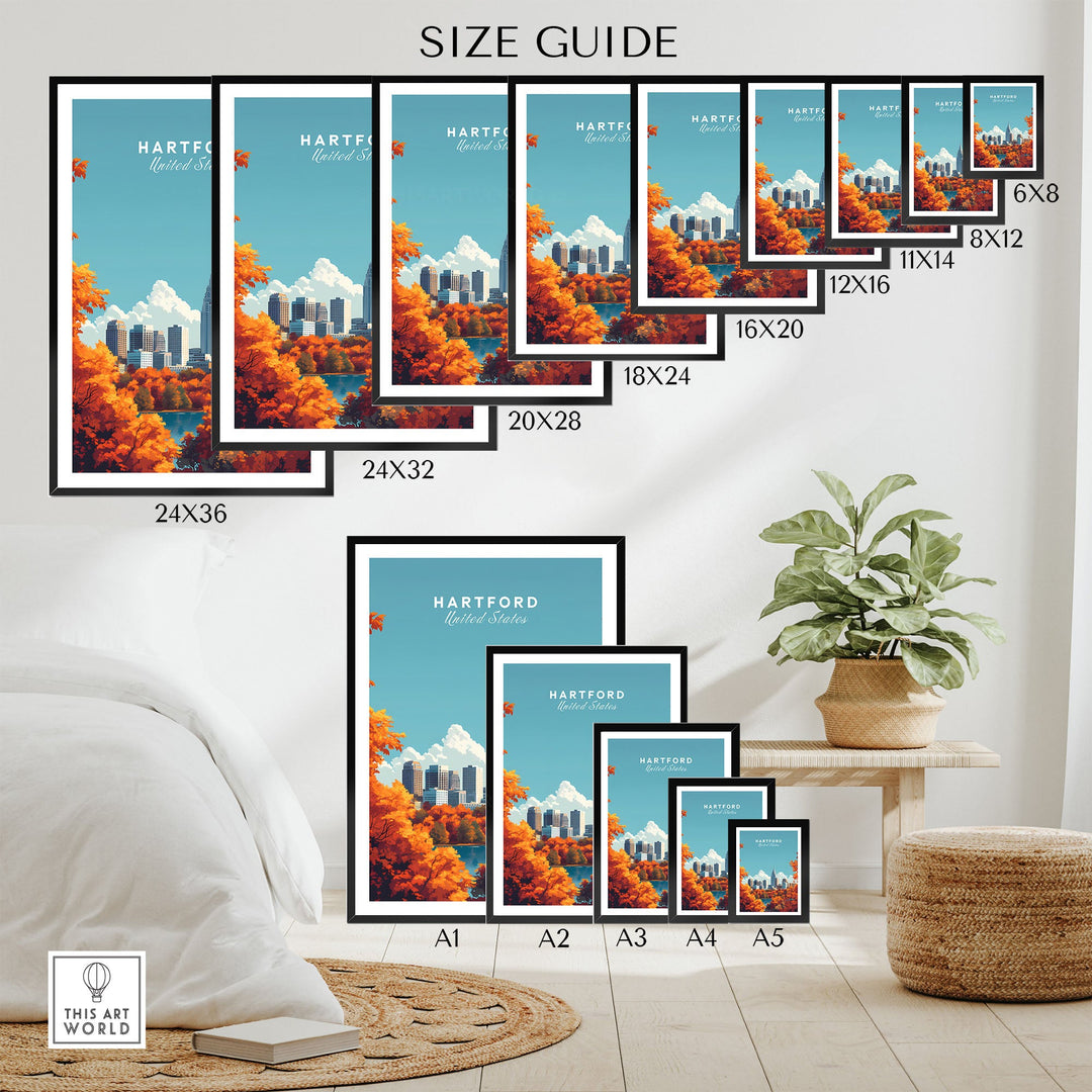 Hartford Wall Art size guide showcasing various poster dimensions in a stylish living room setting with vibrant city skyline design.