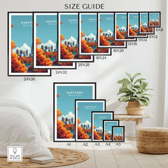 Hartford Wall Art size guide showcasing different frame sizes for Hartford Wall Art and vibrant orange foliage.