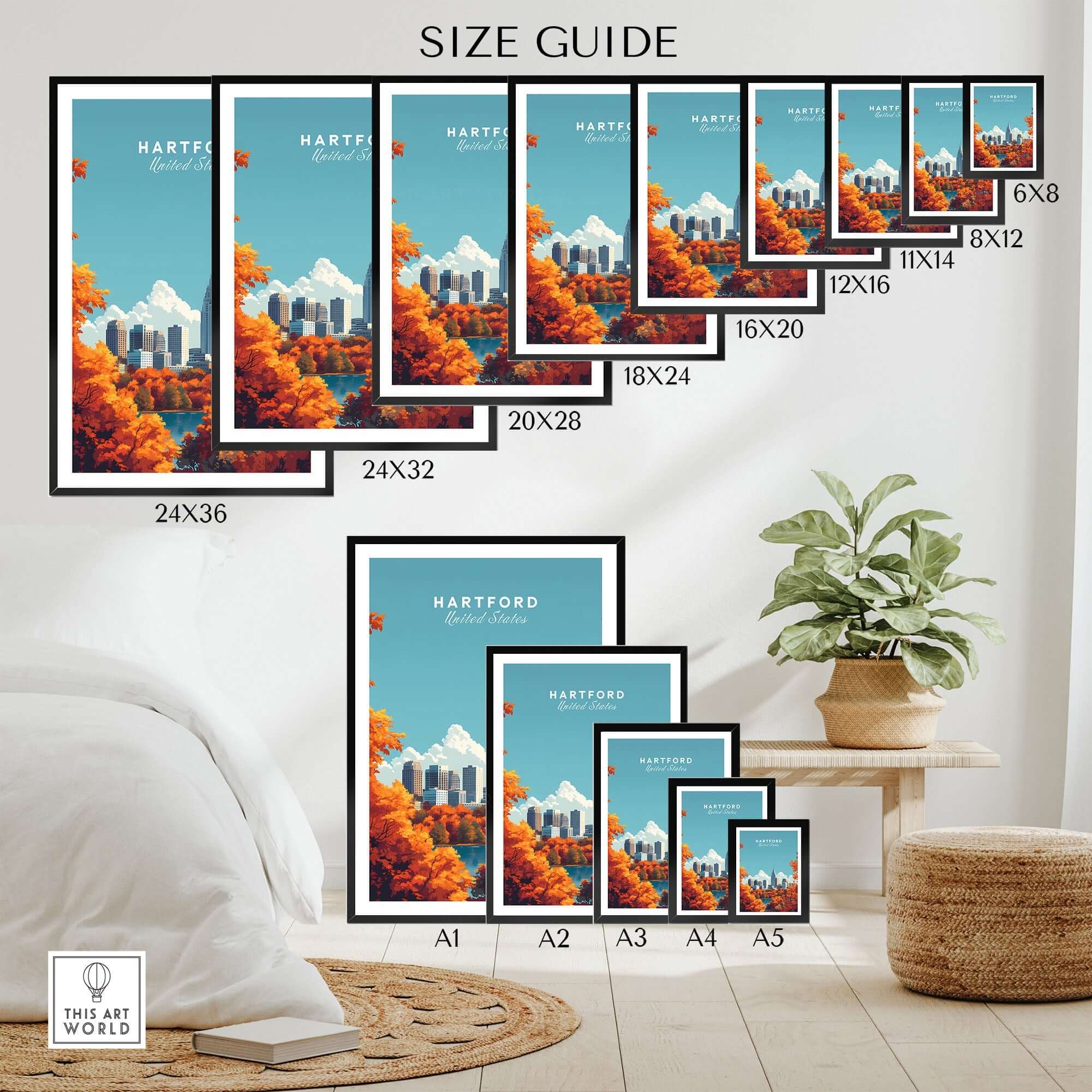 Hartford Wall Art size guide showcasing different frame sizes for Hartford Wall Art and vibrant orange foliage.
