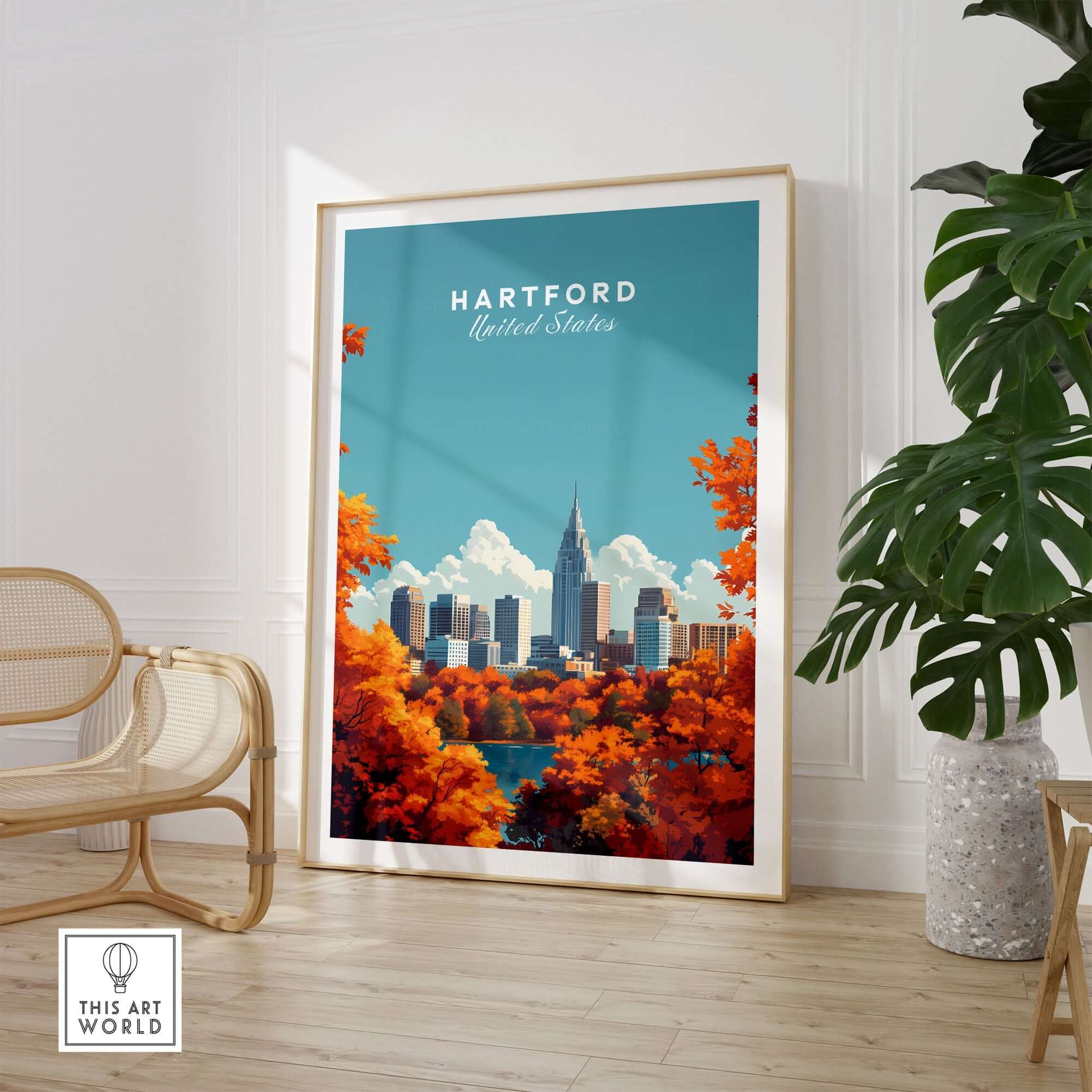 Hartford Wall Art showcasing the Hartford skyline with vibrant autumn colors in a modern living space.