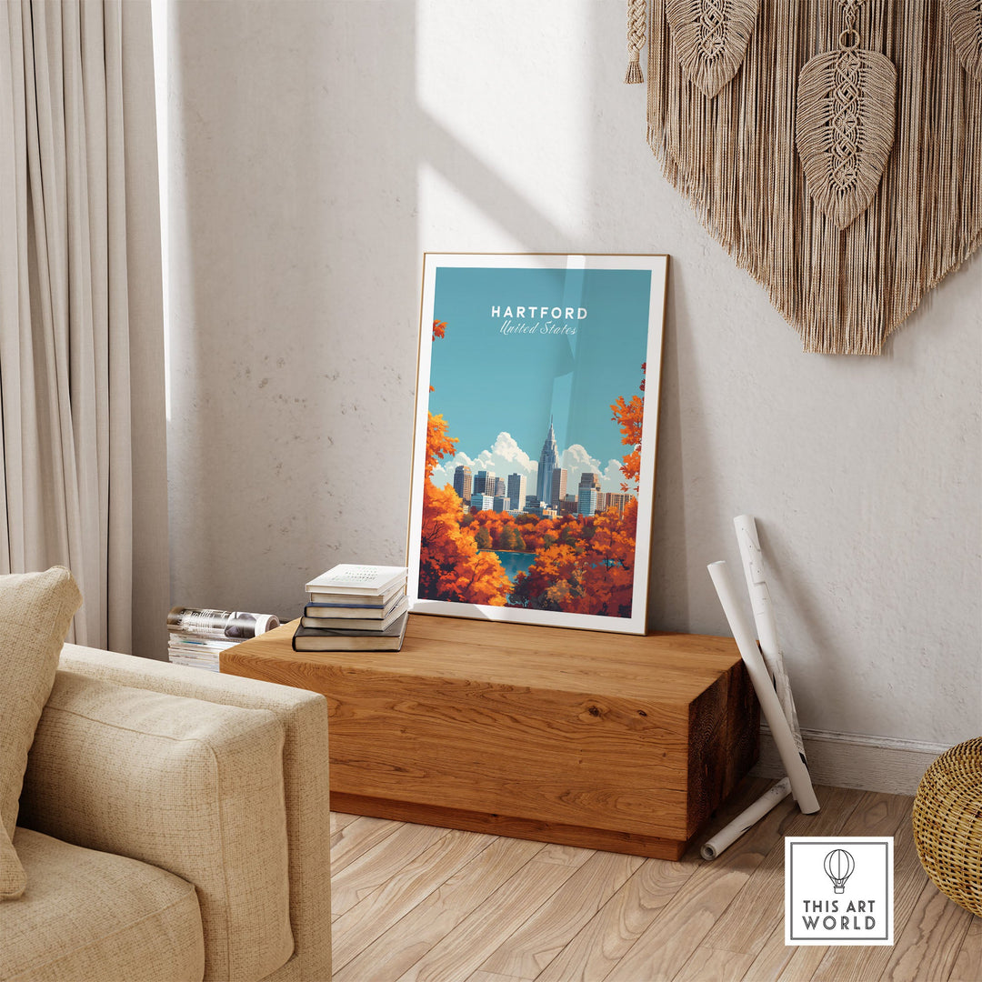 Hartford skyline wall art in modern living room setting with autumn colors, showcasing the city's vibrant essence and adventurous spirit.