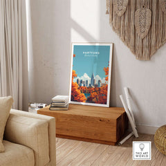Hartford Wall Art featuring the skyline in autumn colors on display in a cozy living room setting.