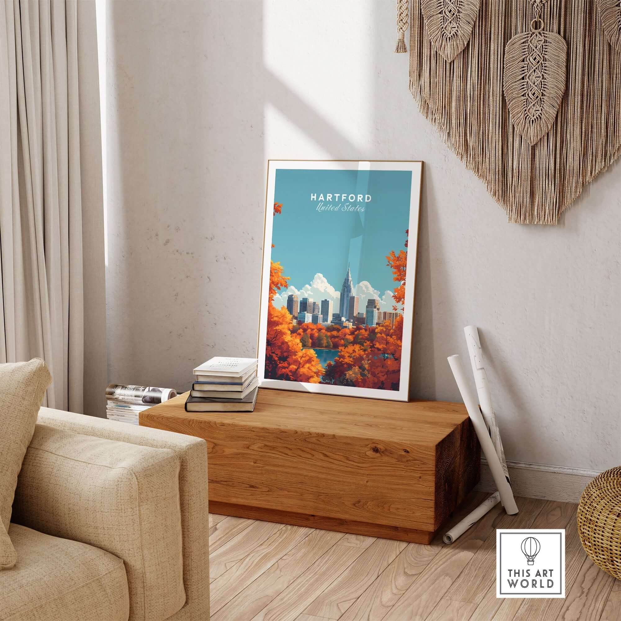 Hartford Wall Art featuring the skyline in autumn colors on display in a cozy living room setting.