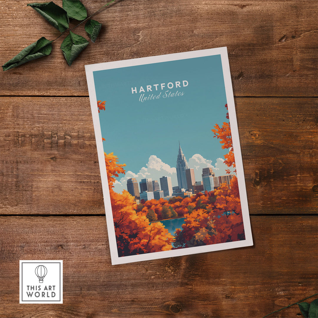 Hartford skyline wall art poster with vibrant fall colors, featuring cityscape in United States. Rustic wooden background.