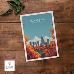 Hartford Wall Art showcasing the Hartford skyline in fall colors with vibrant trees and a clear blue sky.