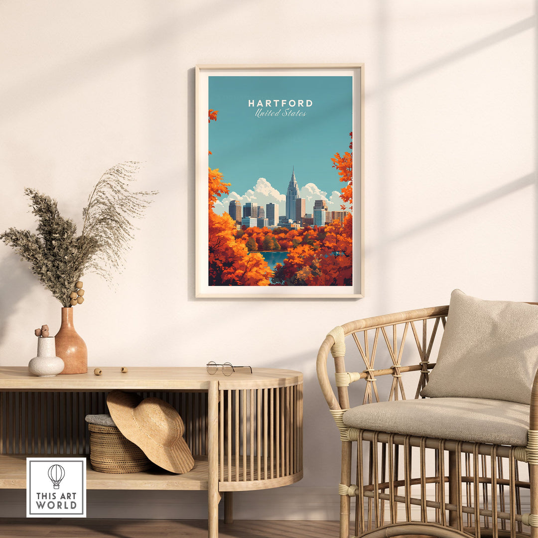 Hartford Wall Art featuring vibrant skyline poster on stylish living room wall decor.