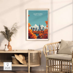 Hartford Wall Art showcasing the Hartford skyline in vibrant fall colors, perfect for home decor.