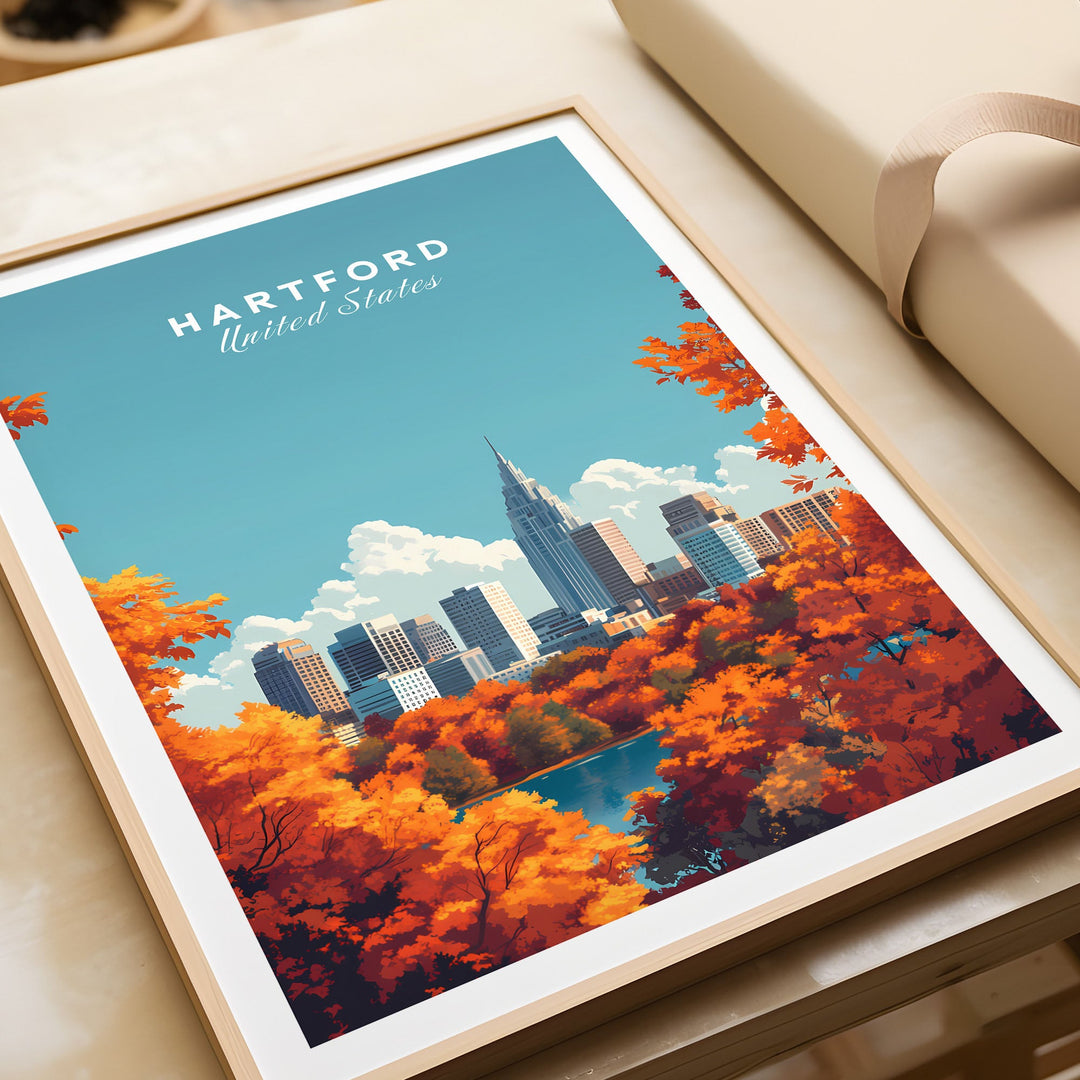 Hartford skyline wall art with autumn foliage, featuring cityscape poster showcasing the vibrant beauty of Hartford, United States.