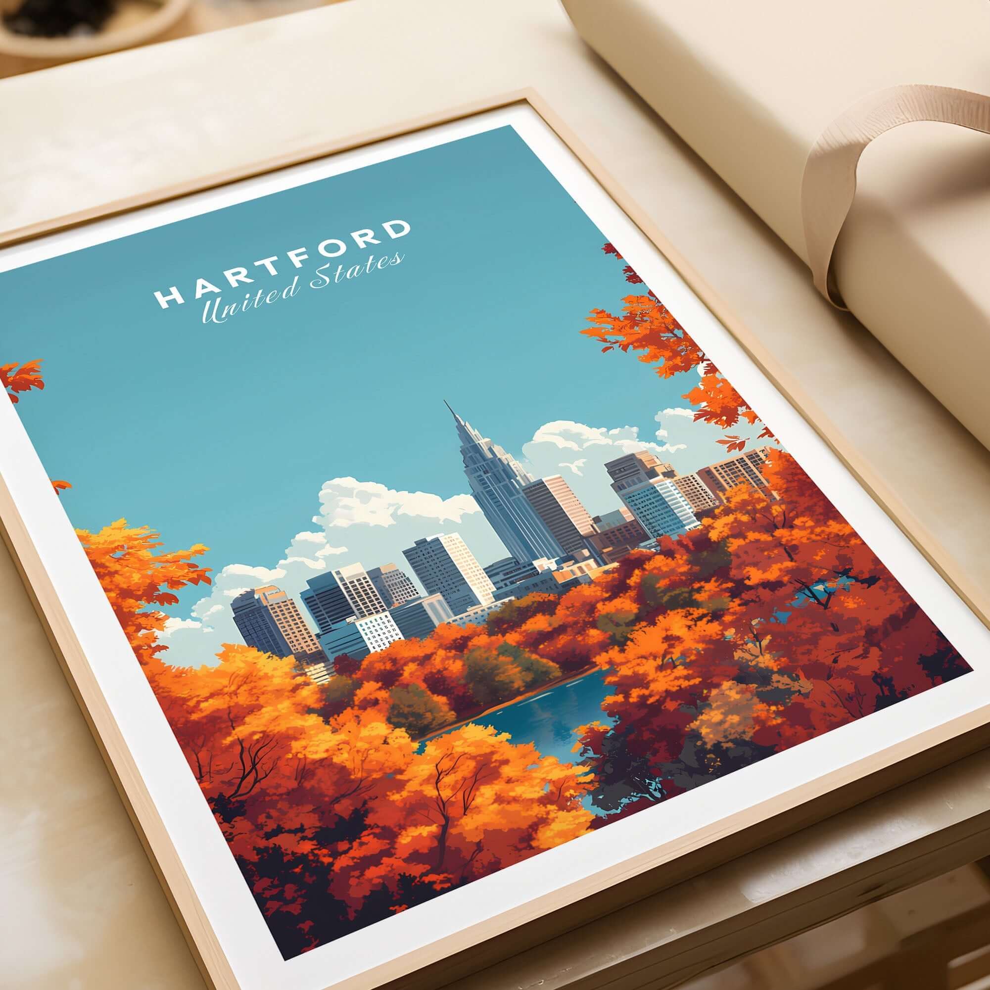 Hartford Wall Art featuring a vibrant autumn skyline of Hartford, United States, highlighting city life and nature.