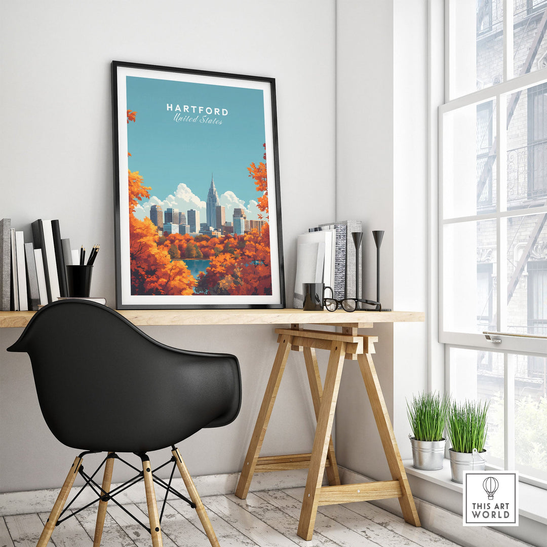 Hartford skyline wall art poster in modern room setup, showcasing cityscape with autumn leaves, perfect for travel-inspired decor.