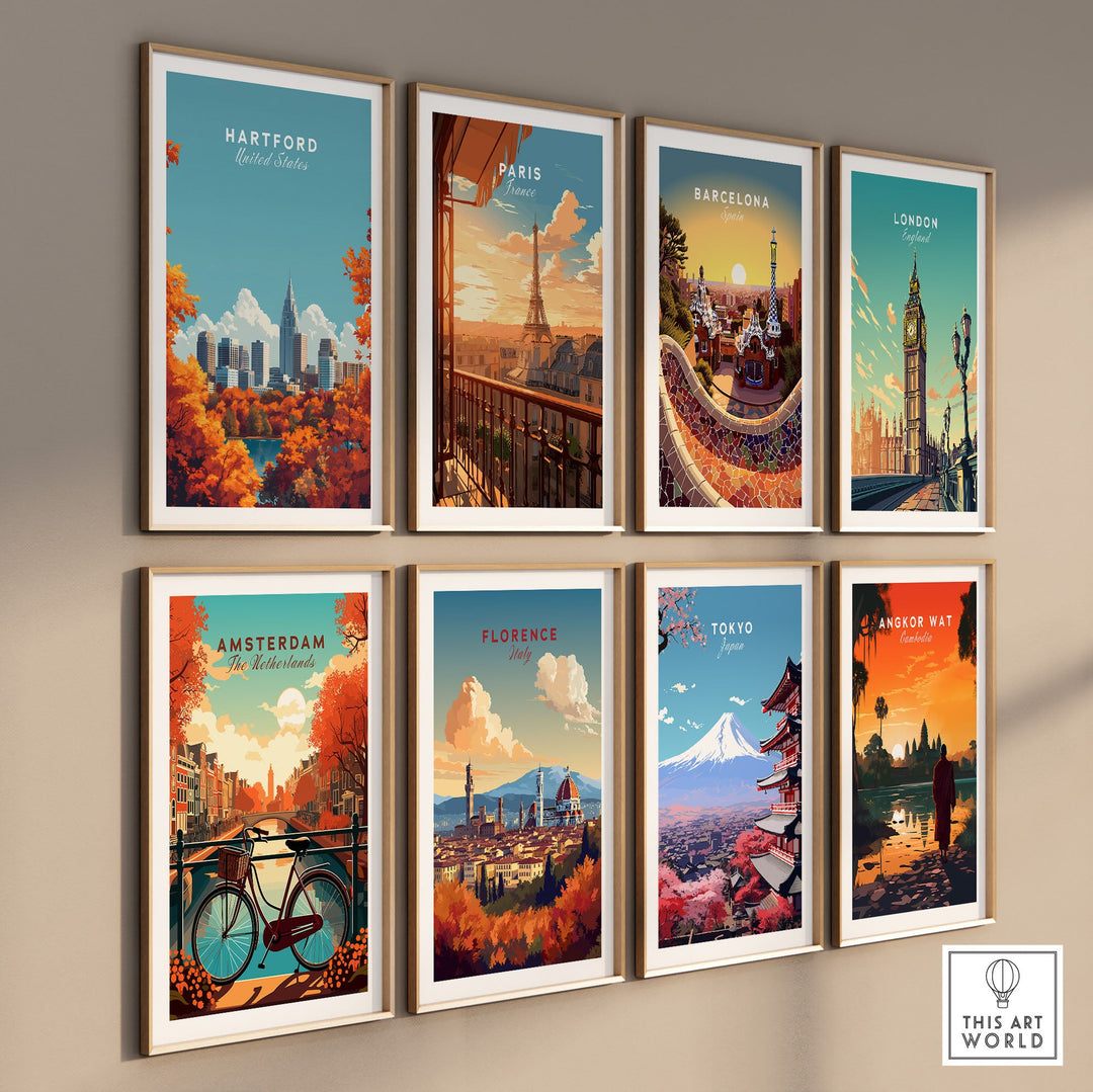 Gallery wall featuring travel posters of city skylines, including Hartford, Paris, Barcelona, London, Amsterdam, Florence, Tokyo, and Angkor Wat.