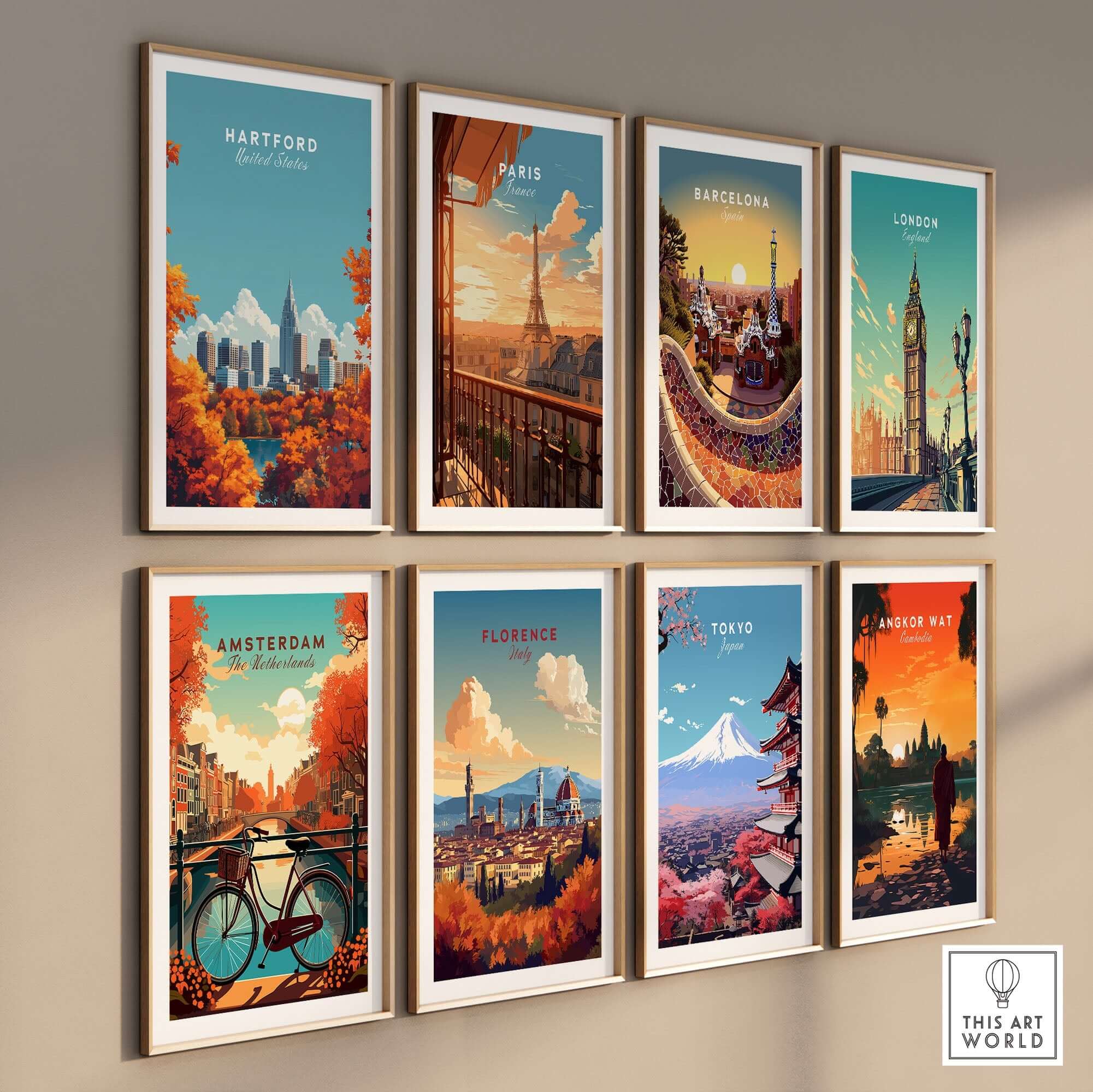 Hartford Wall Art featuring city skyline posters including Paris, Barcelona, London and more on display