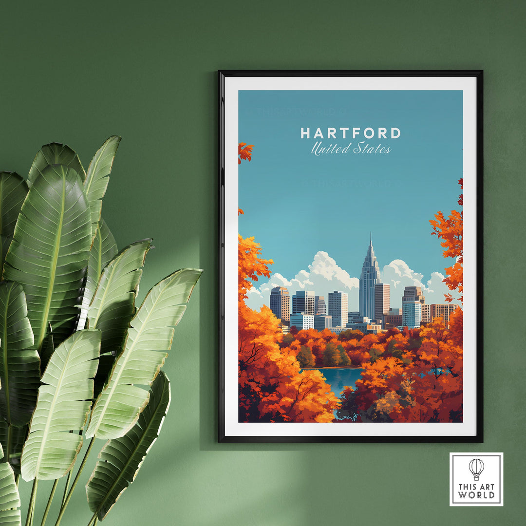 Hartford Wall Art poster with vibrant skyline and autumn foliage displayed on a green wall with plants.