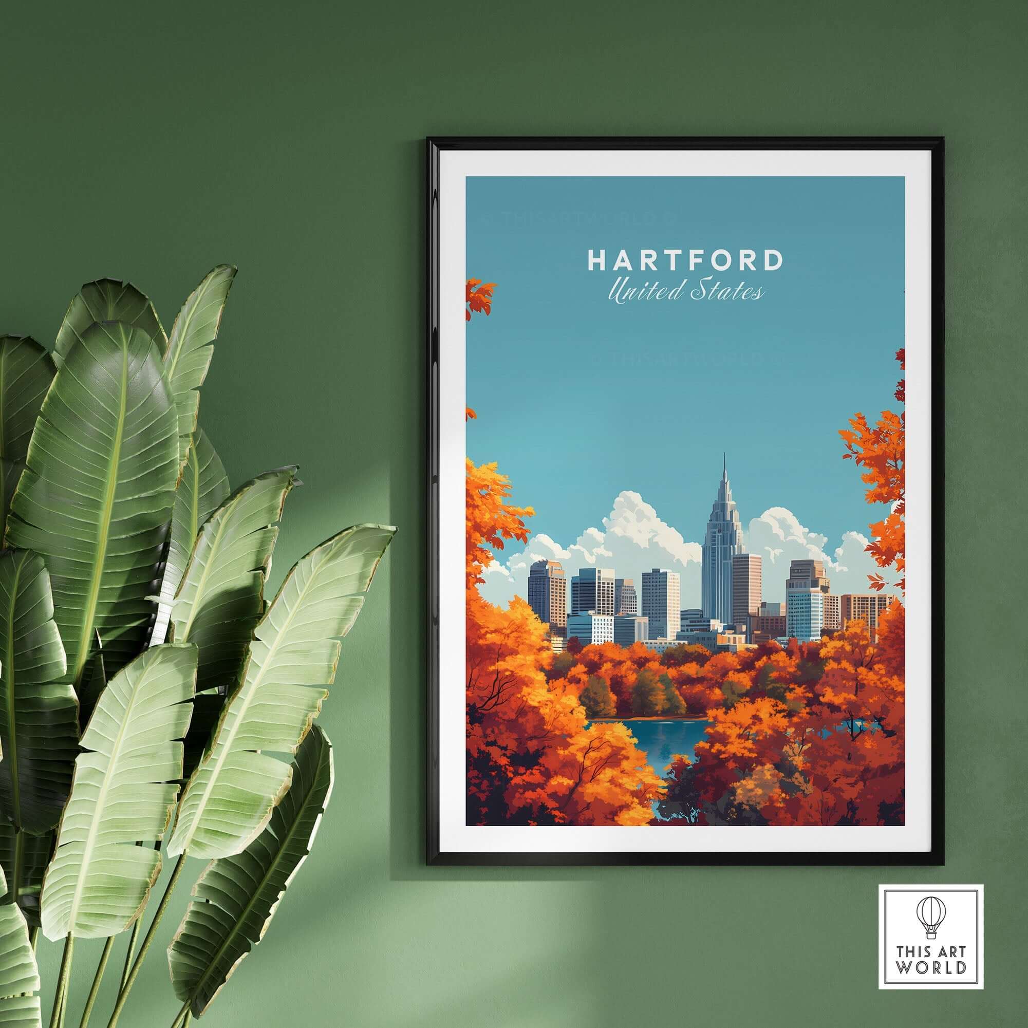 Hartford Wall Art featuring the Hartford skyline with vibrant fall foliage and a blue sky backdrop.