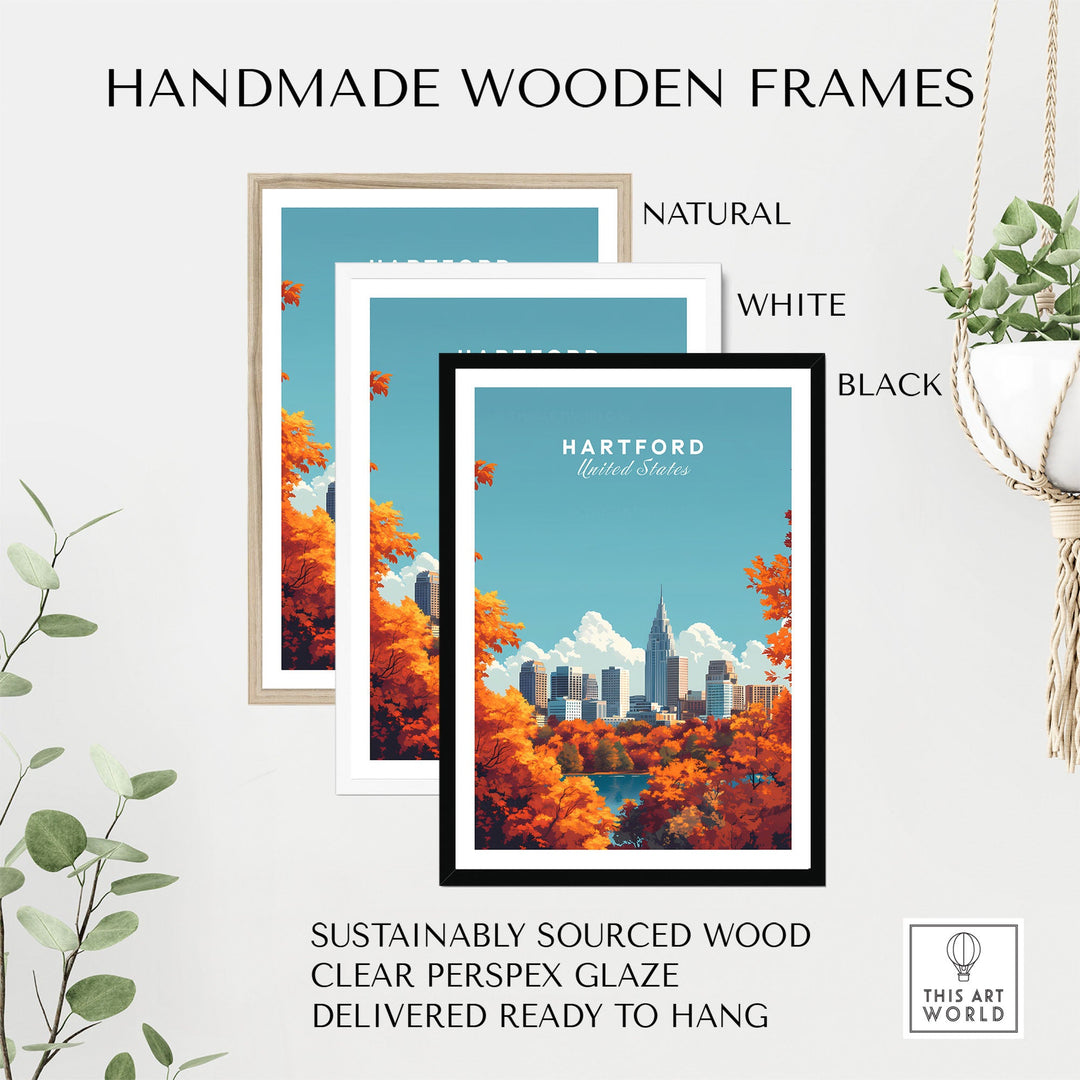 Hartford skyline wall art in handmade frames, available in natural, white, and black colors. Sustainable wood and ready to hang.